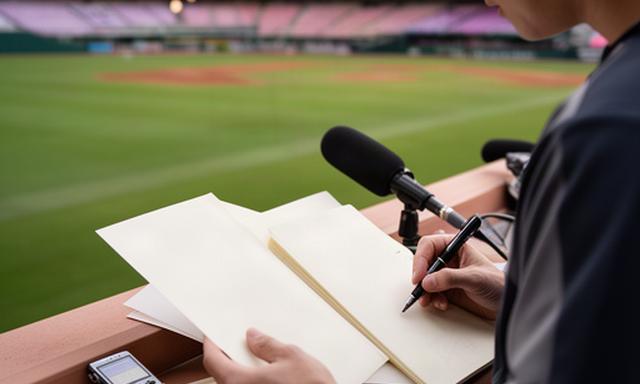 沖縄の球場でプロ野球選手の取材メモを整理する記者