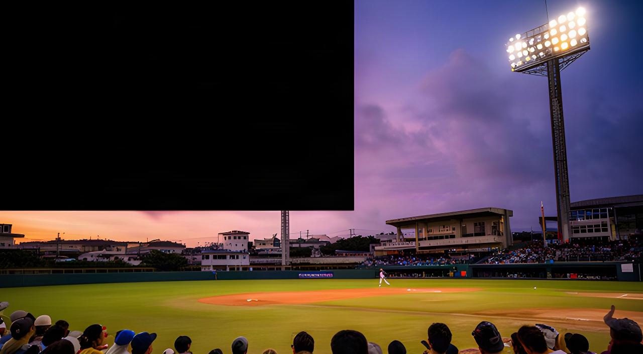 沖縄の野球場で夕方の試合を見つめる観客と照明塔