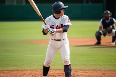 沖縄の高校野球選手が球場で打席に入り集中する様子